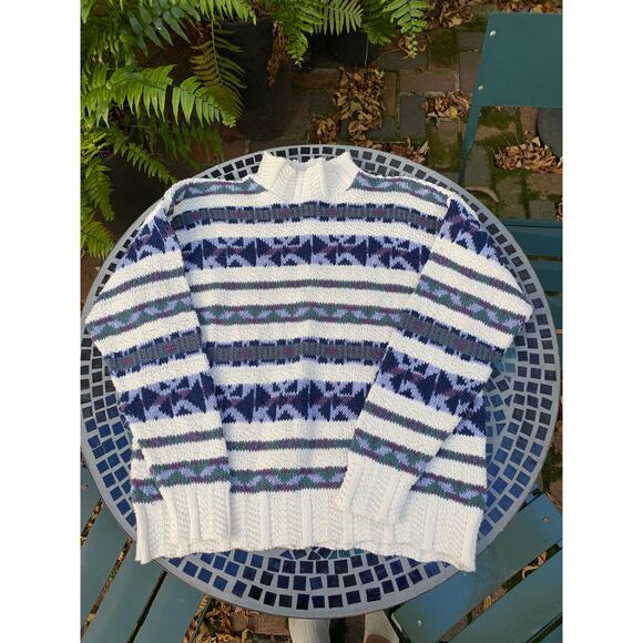 90s Eddie Bauer Cotton Sweater, Vintage Geometric Print, Purple Blue, Size M - Picture 1 of 3